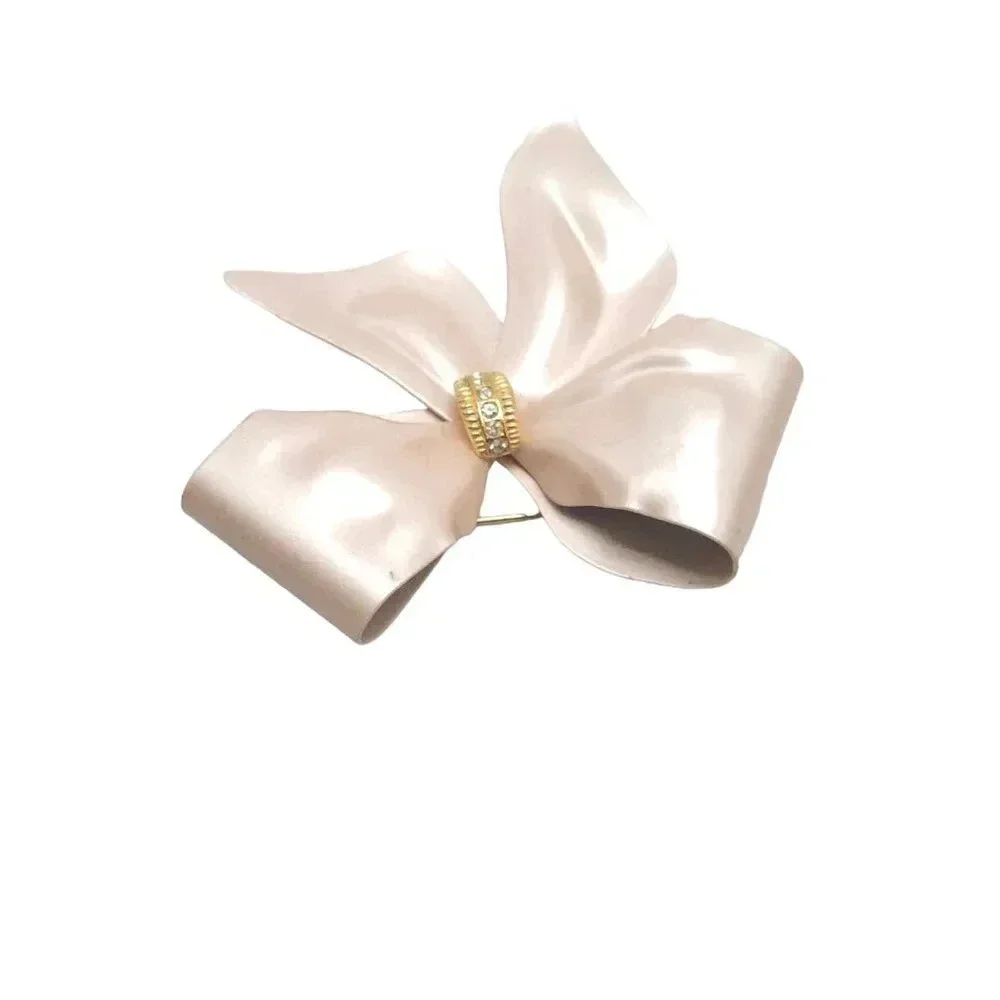 Clear Rhinestone Pink Satin Enamel Metal Large Bow Brooch Pin Gold Tone Vintage